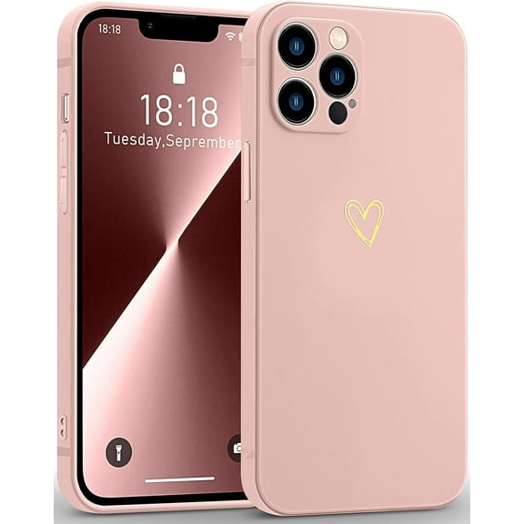 Compatible with iPhone 13 Pro Max Case Pink Protective Camera Protection Heart Cute Women Girls Gold Luxury Silicone Case for iPhone 13 Pro Max with Glass Screen Protector