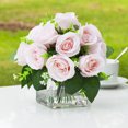 thumbnail image 2 of Enova Home Artificial 18 Heads Fake Silk Roses Flowers Arrangement in Clear Cube Glass Vase with Faux Water for Home Office Decoration(Pink), 2 of 4