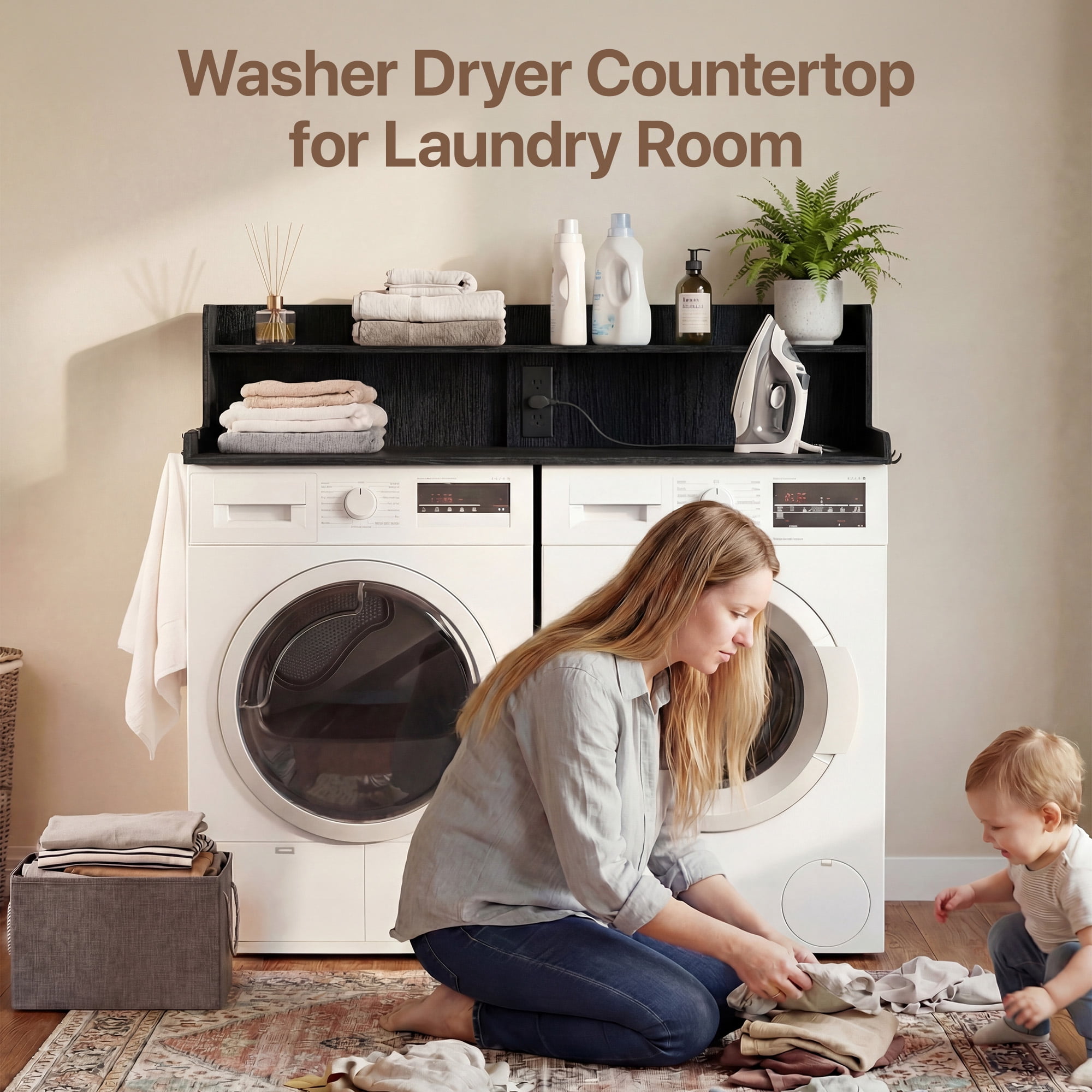 YDN Modern 54" Washer Dryer Countertop with Power Outlet & LED Lights - 2 Tiers Laundry Countertop with Shelf Space, Large Washer and Dryer Topper W/ Storage Basket,Metal Hooks,Non-Slip Pad,Black