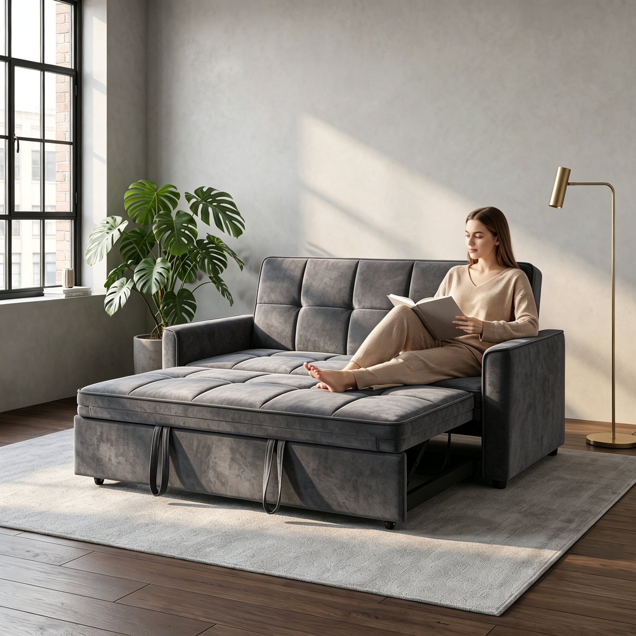 54" Convertible Sleeper Sofa Bed, Modern Velvet 3-in-1 Pull Out Loveseat Couch with 5-Position Backrest & Side Storage Pocket for Living Room, DarkGray
