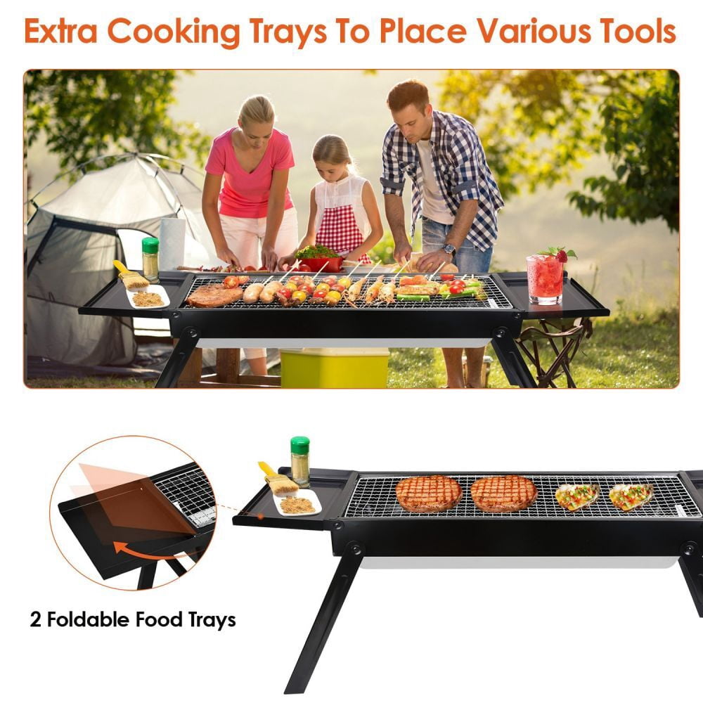 IVV Charcoal Grills Portable BBQ Griddle, Folding Kabob Barbecue with 2 Side Foldable Trays for Outdoor Hibachi BBQ Lamb Skewer Camping Barbecue Grill in Garden Backyard Party Picnic Travel (Black)