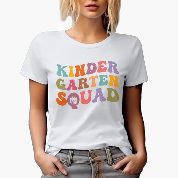 Kindergarten Squad, Group Name for Preschool School Teachers, Groovy Retro Wavy Text Merch Gift, White T-Shirt, Small