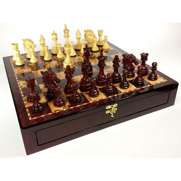 BLOOD ROSEWOOD DRAGON 4 5/8" Large Staunton Chess Set Cherry Color Storage Board