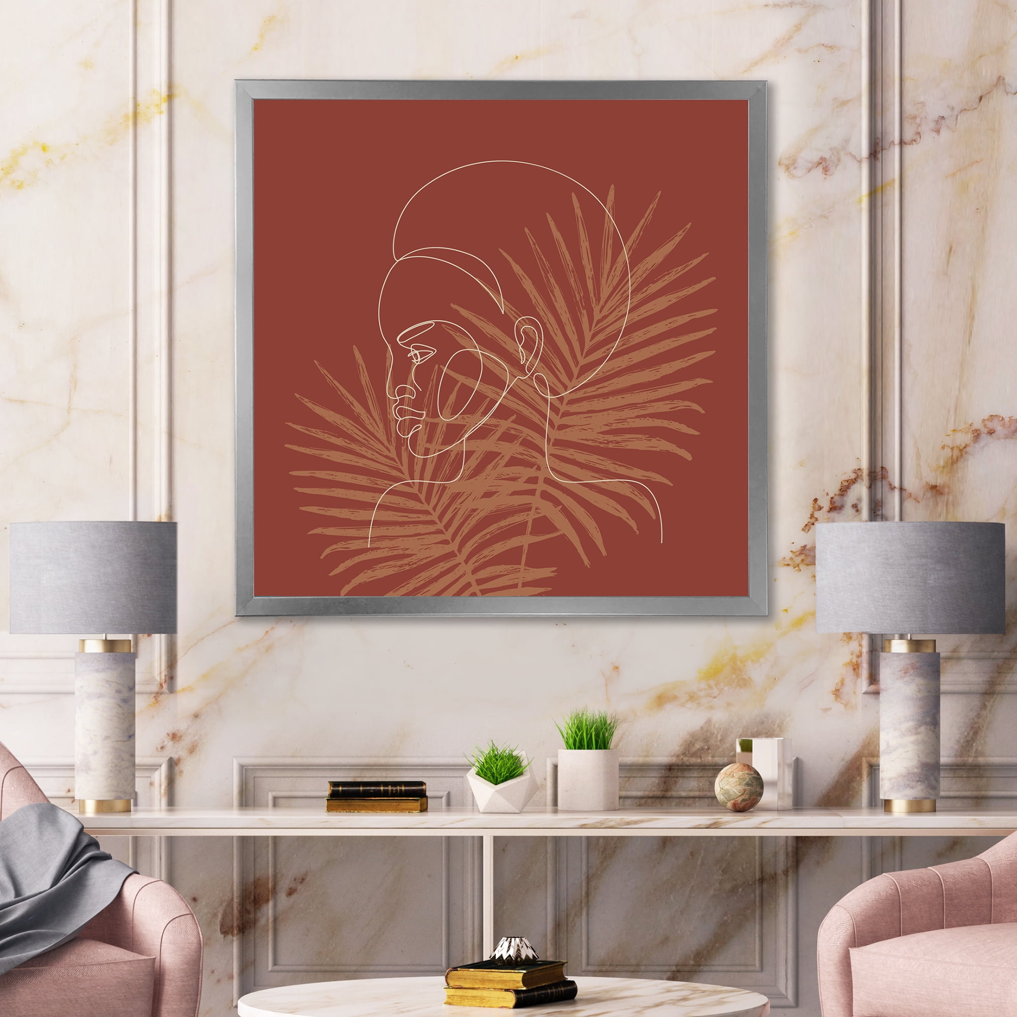 Designart 'Sillhouette of Afro American Woman on Palm Leaves' Modern Framed Art Print