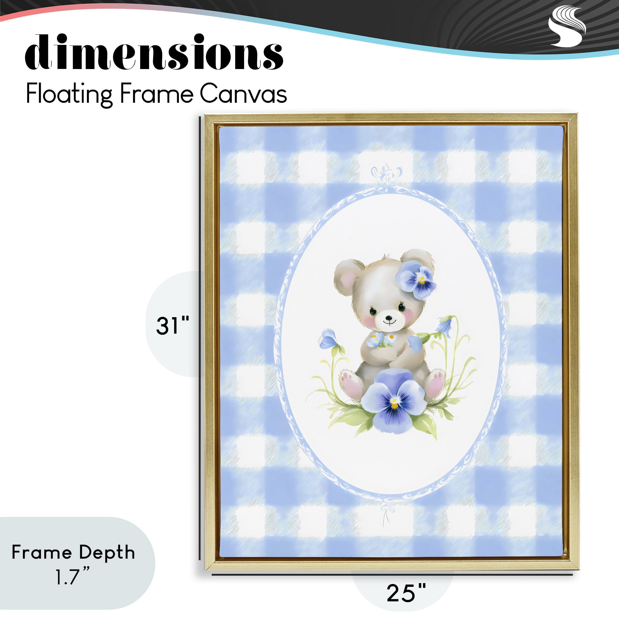 Stupell Industries Little Bear Blue Gingham Gold Framed Floater Canvas Wall Art, design by Arlington Prints