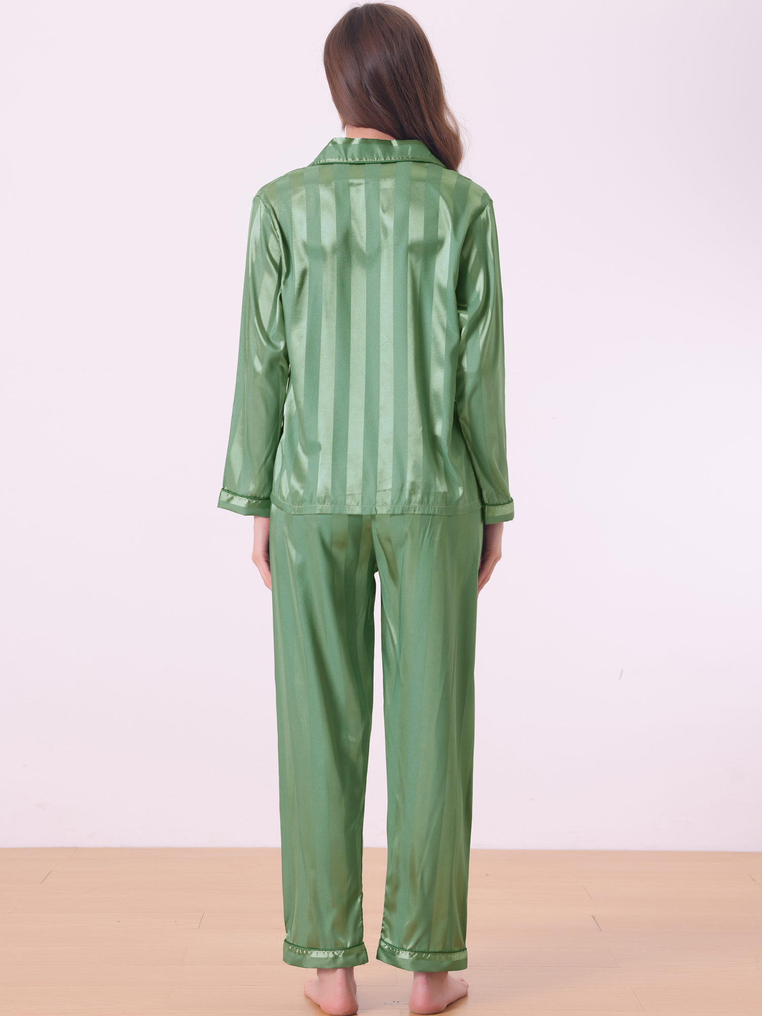DARING DIVA Women's Satin Stripe Button Down Pajama Sets L Bright Green