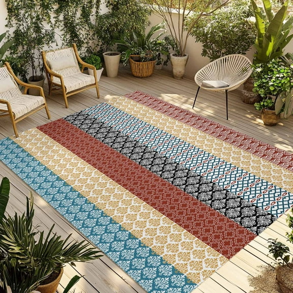 Fsddascl Boho Orange Outdoor Rug for Patio/Deck/Porch, Non-Slip Large Area Rug 6 x 9 Ft, Yellow Geometric Stripes Turquoise Bohemia Indoor Outdoor Rugs Washable Area Rugs, Camping Rug Carpet