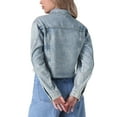 thumbnail image 3 of INSPIRE CHIC Women's Long Sleeve Frayed Hem Trendy Cropped Denim Jacket S Light Blue, 3 of 5
