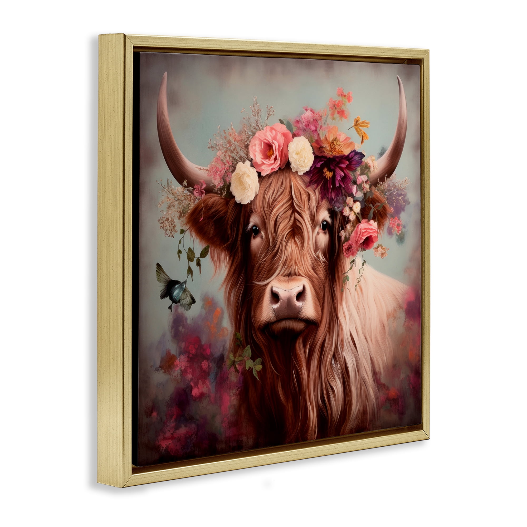 Stupell Industries Longhorn & Flower Garland Animals & Insects Painting Gold Floater Framed Canvas Art Print Wall Art, 25 x 25