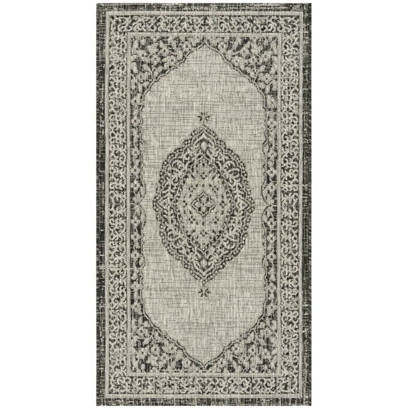SAFAVIEH Courtyard Avi Medallion Indoor/Outdoor Area Rug, Light Grey/Black, 2'7" x 5'