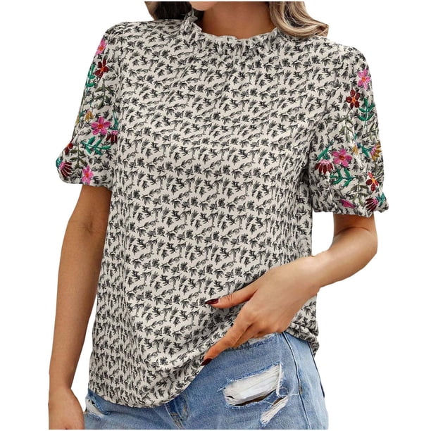 Blusas de Manga Corta para las Mujeres Imprimir Cuello de Pie Top Casual, Blusas para las Mujeres Casual