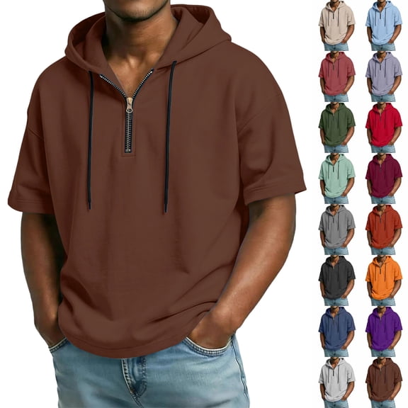 Men Lightweight Oversized Hoodie Shirt Short Sleeve Hooded Quarter Zip Casual Pullover with Adjustable Drawstring, #01 Coffee, M