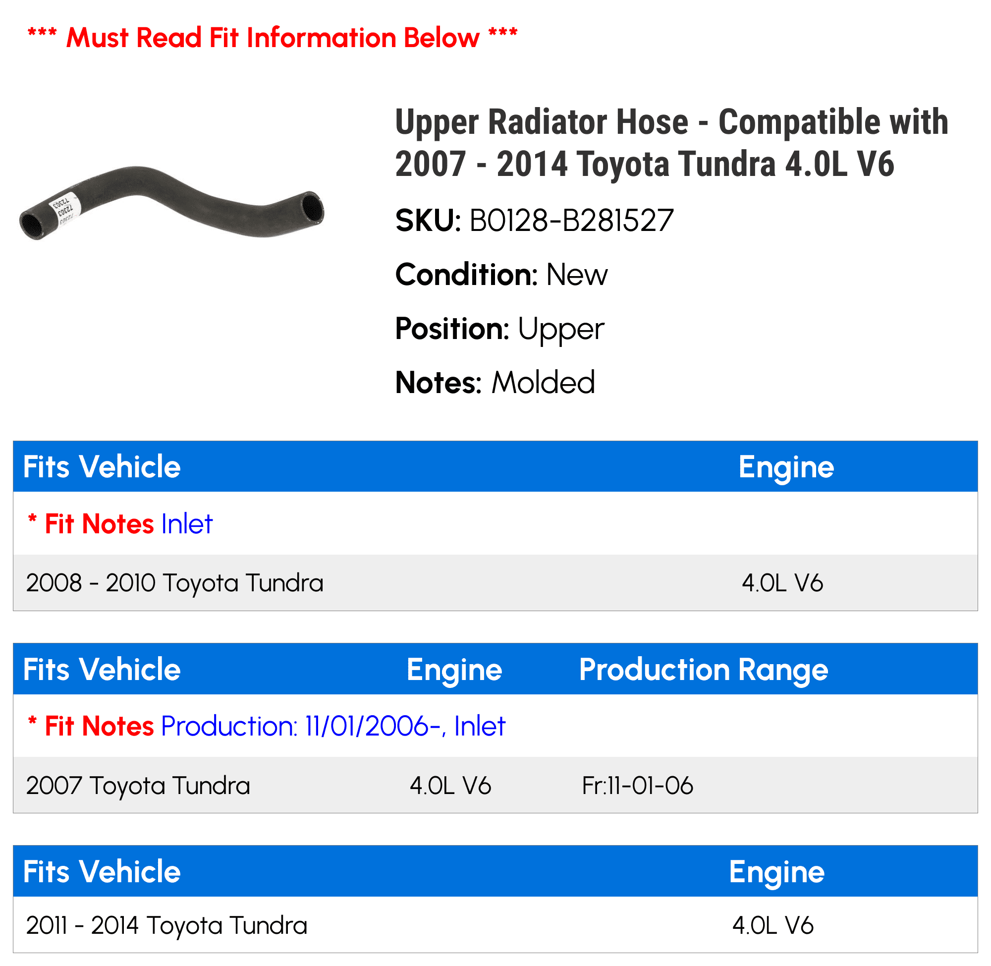Upper Radiator Hose - Compatible with 2007 - 2014 Toyota Tundra 4.0L V6 2008 2009 2010 2011 2012 2013