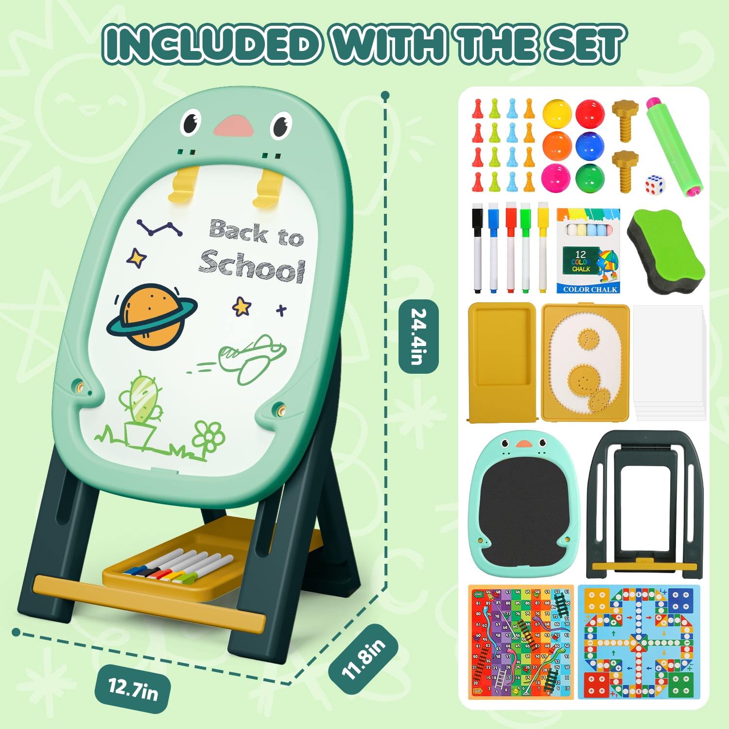 Huge Wave Easel for Kids, Art Easel for Toddler with White Board & Chalk Board, with Board Games Cards and Painting Accessories, Christmas Gift for Boys Girls Age 2-6 (Green)