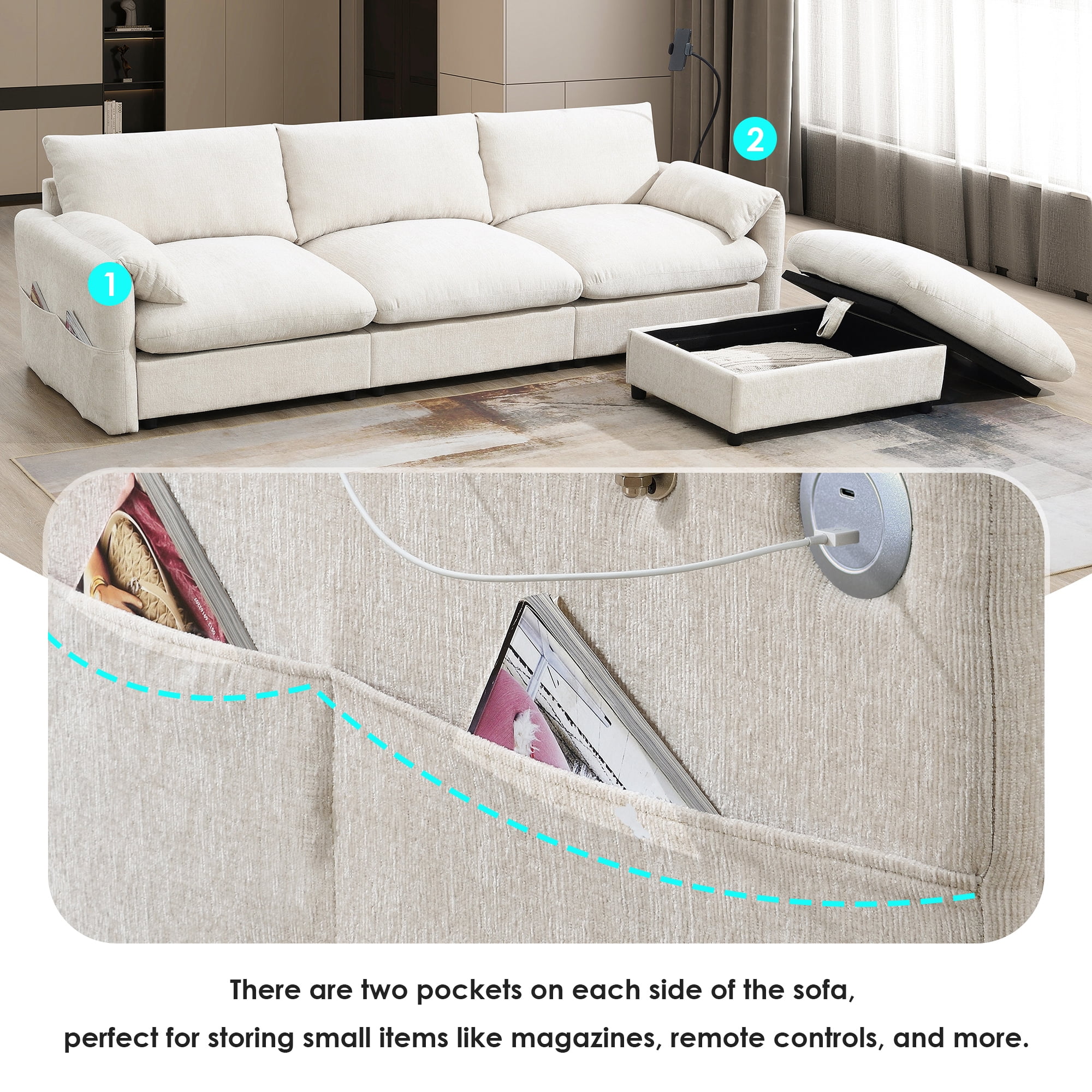 EPOWP L-Shaped Modular Sectional Sofa, Chenille Cloud Couch with Storage Ottoman, USB Charging Ports & Adjustable Phone Holder, 96.5" Deep Seat Comfy Couch for Apartment, Living Room, Office