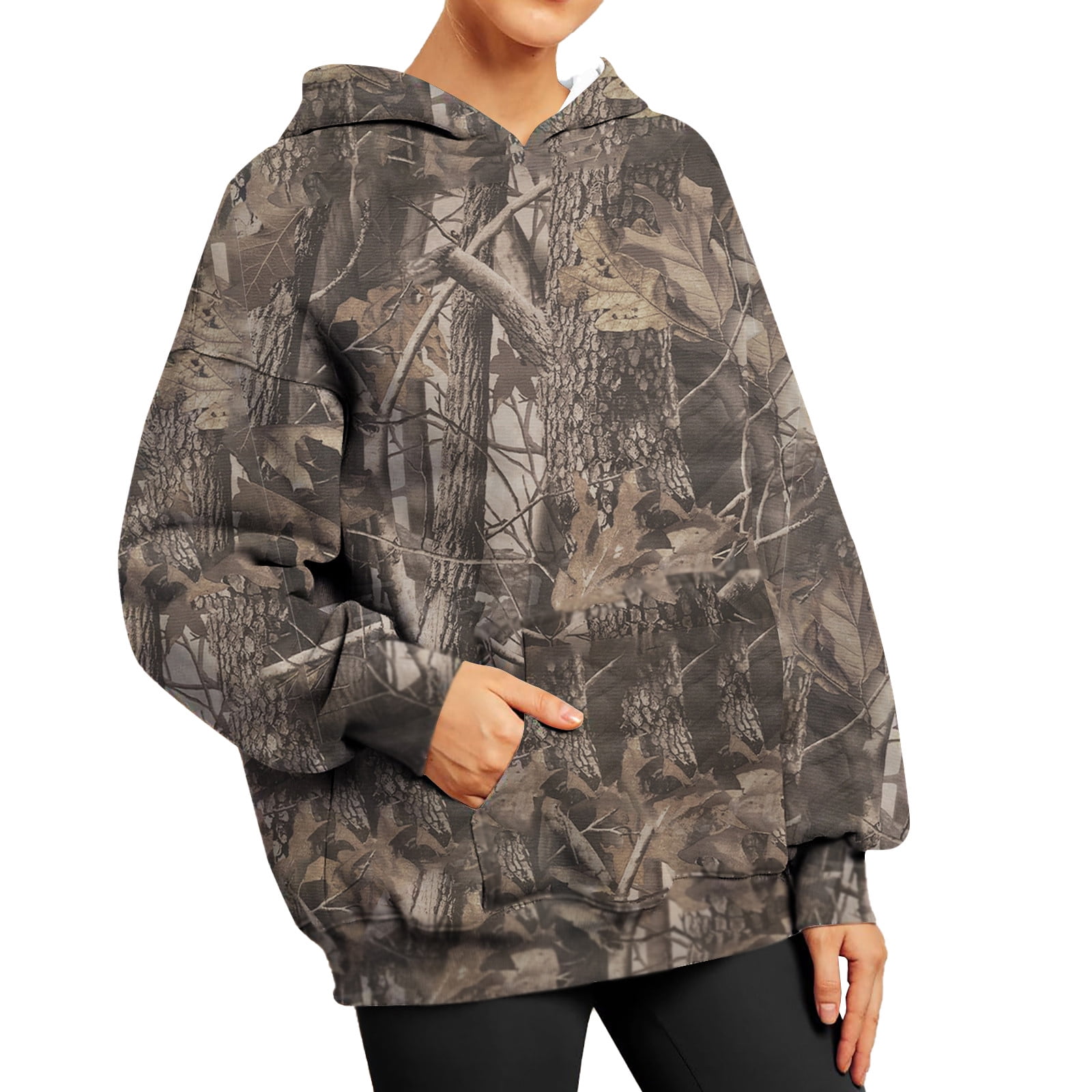 Mlqidk Women s Camo Hoodie Maple Leaf Print Oversized Sweatshirt Fleece Hooded Sweatshirts with Pocket Casual Fall Pullover Coffee XX Large Walmart