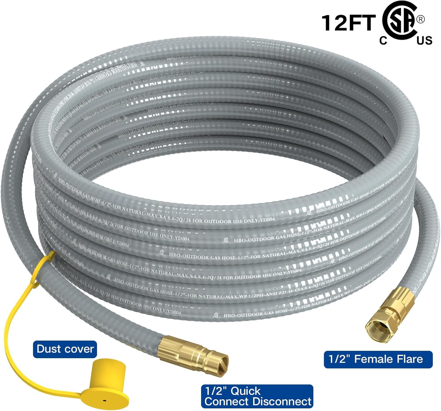 12FT 1/2" ID Natural Gas Hose with Quick Connect Fitting for BBQ, Grill, Pizza Oven, Patio Heater. for Weber, Char-Broil, Pizza Oven, Patio Heater,NG Grill and Natural Gas Conversion Kit