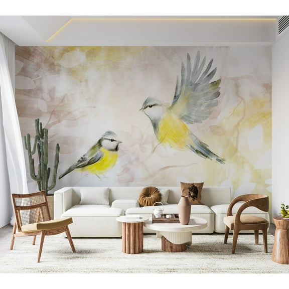 Animal Wallpaper Wall Mural - Watercolor Birds Yellow
