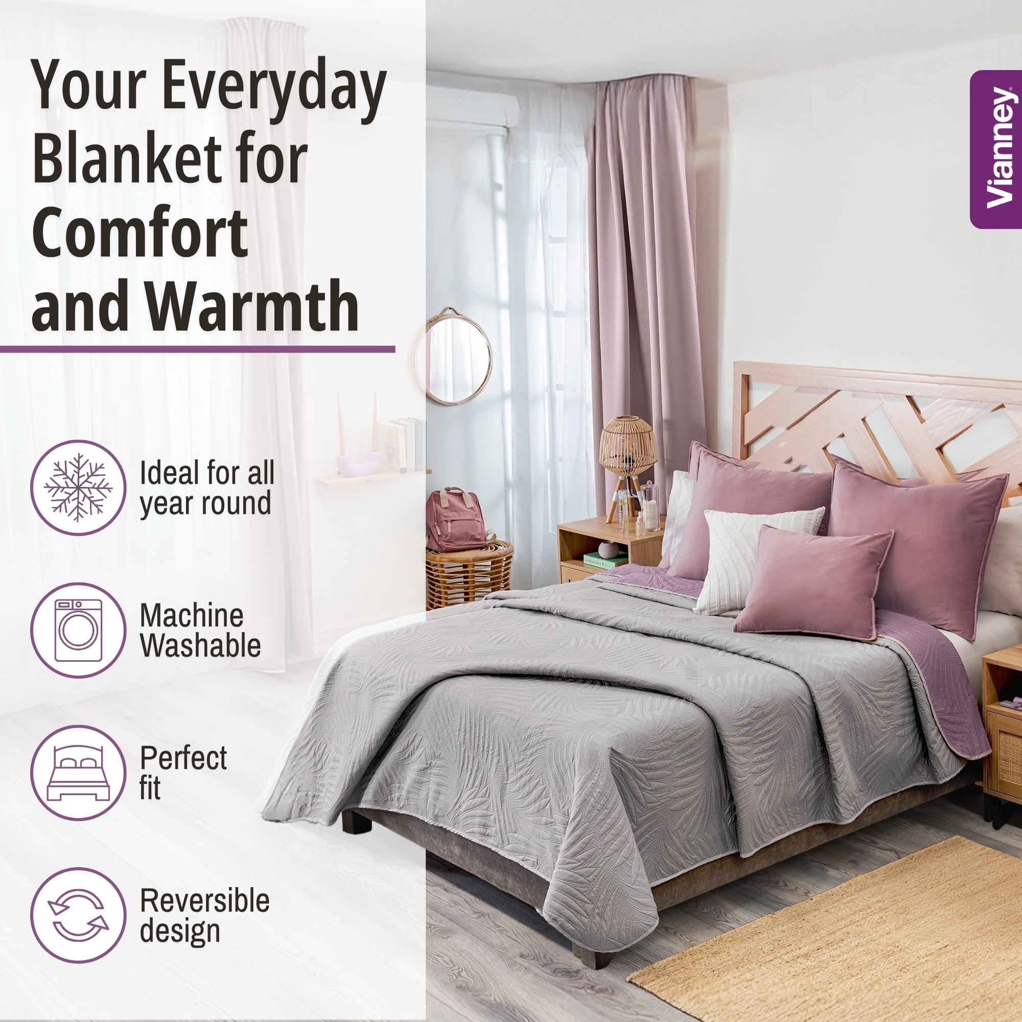 Vianney King Size Comforter, Novo Mallow Bedding, Reversible Lightweight Quilt Blanket in Light Purple and Light Grey with Palm Leaf Quilt Pattern, Light Weight, 110”x93”