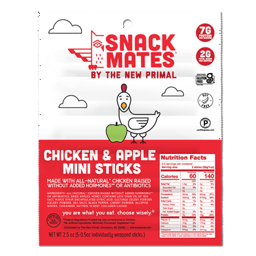 The New Primal Snack Mates Chicken and Apple Mini Meat Sticks, 5 Count - 0.5 oz Sticks