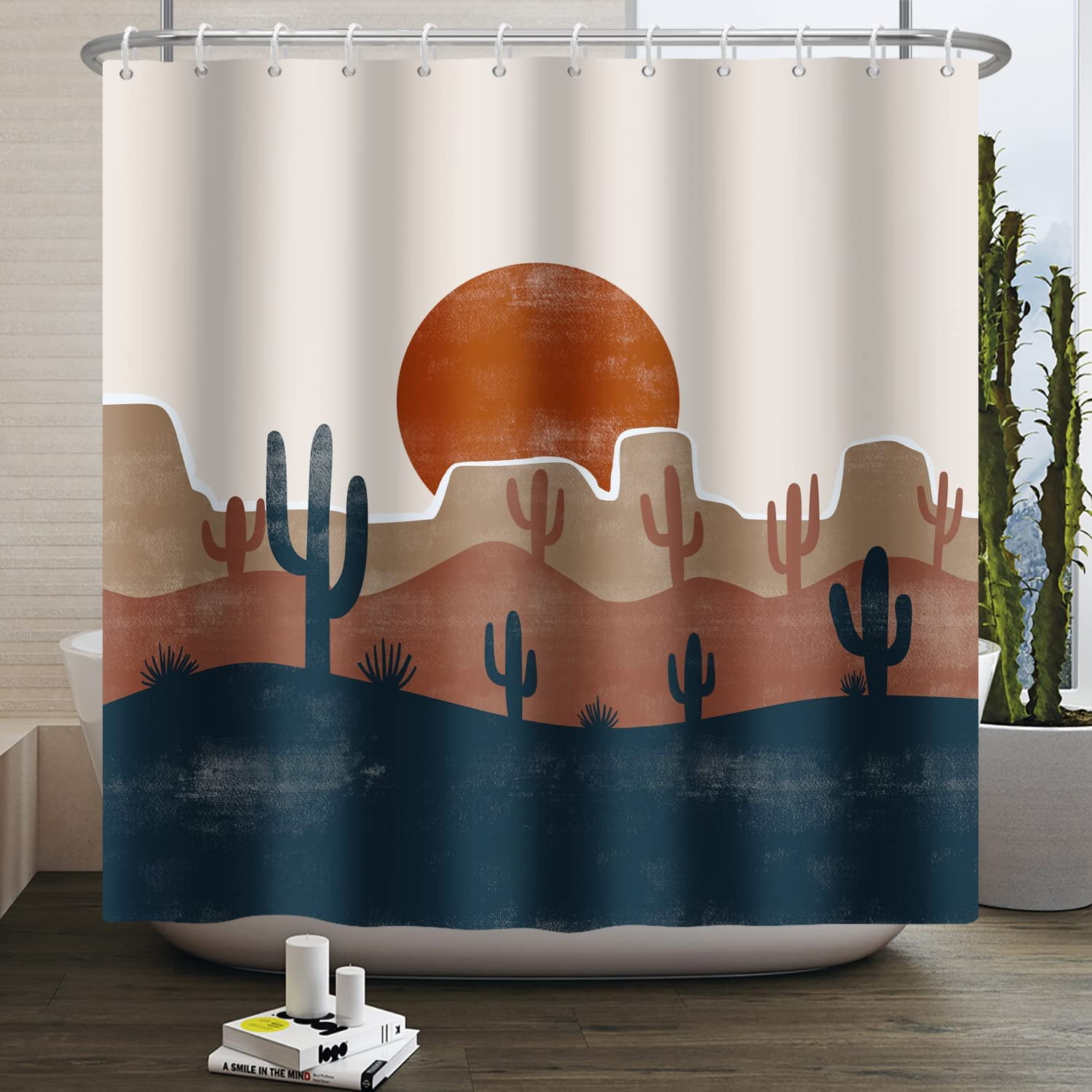 Boho Mid Century Shower Curtain Desert Cactus Sun Aesthetic Abstract