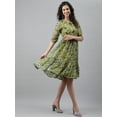 thumbnail image 6 of Janasya Olive Green Chiffon Lurex Floral Printed Keyhole Neck Half Sleeve Flared Midi Dress, 6 of 8