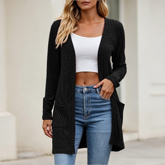 Meichang Ribbed Knit Cardigan Sweaters for Women Open Front Long Sleeve Cardigan Coat Soft Fall Outwear with Pockets