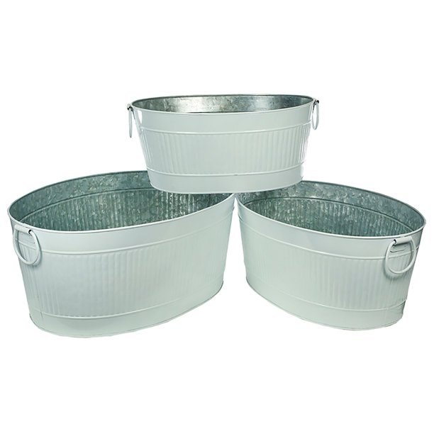Ribbed Design Metal Tubs With Side Ring Handles , Gray, Set Of 3