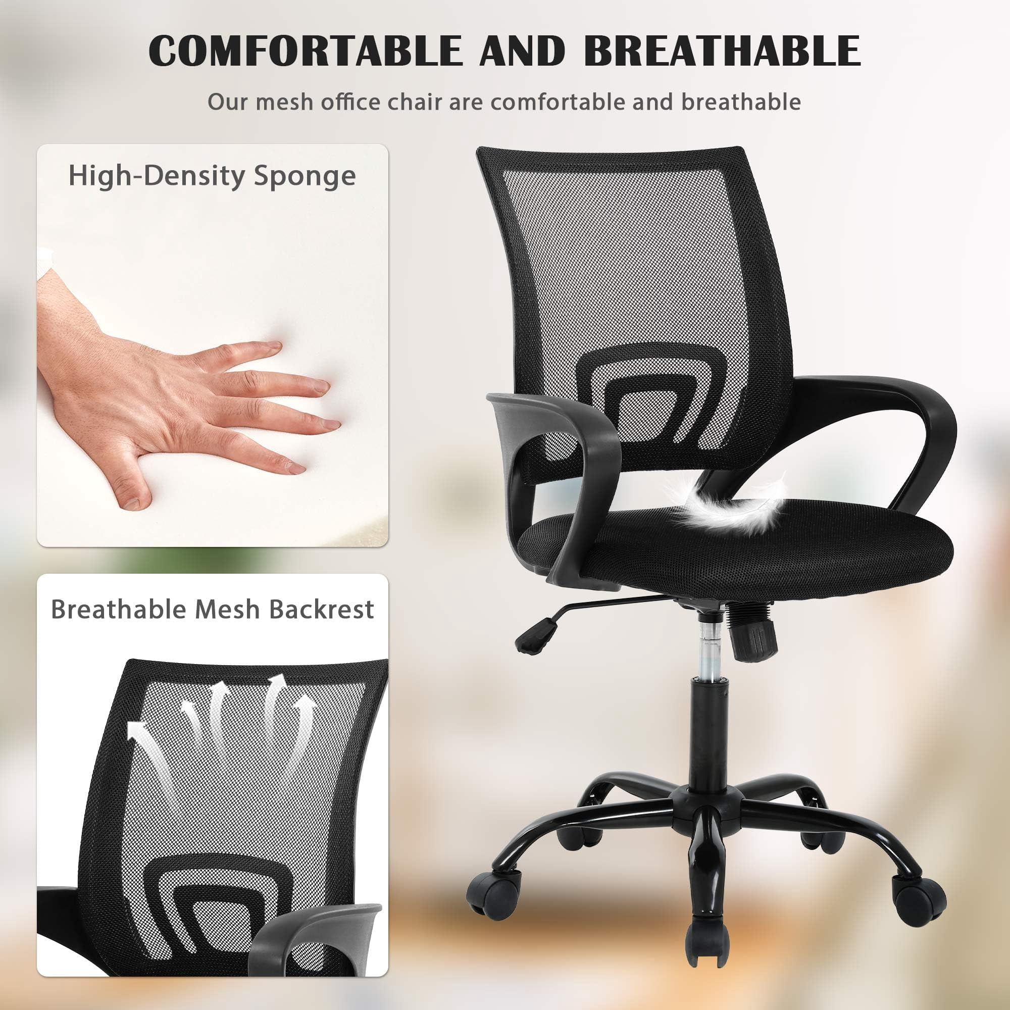 CL.HPAHKL Ergonomic Office Chair Set of 2, Mesh Computer Desk Chair with Mid-Back Support & Armrests, Adjustable Height Swivel Task Chair for Home Office, Study, Gaming, Black