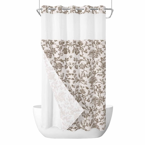 No Hook Shower Curtain, Farmhouse Brown Small Shower Curtains with Snap in Liner, Vintage Flower Leaf Botanical Plant Waterproof Washable Fabric Bathroom Curtain Sets, 36"W x 78"L