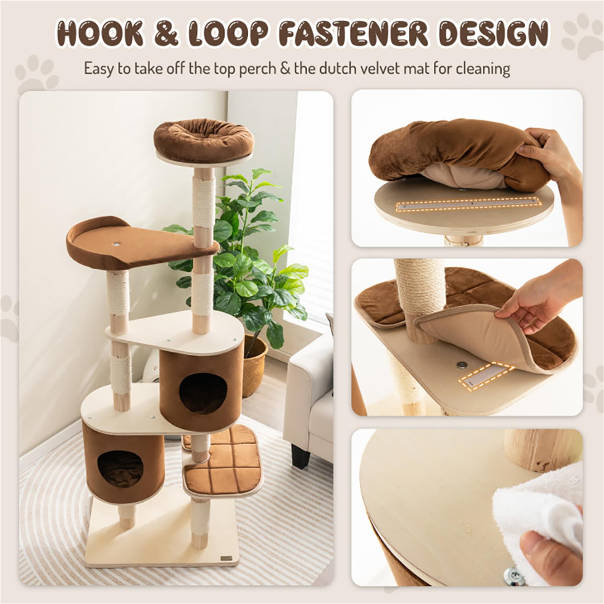 Kadyn 75" Wood Cat Tree Tower for Indoor Cats, Multi-Level Cat Condo with Scratching Posts, Perch, Washable Removable Cushions, Cat Furniture, Brown