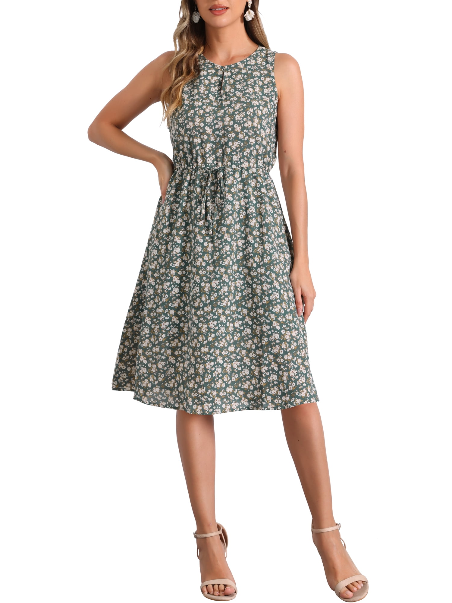 DARING DIVA Floral Sleeveless Drawstring Waist A-Line Dress XS Dark Green