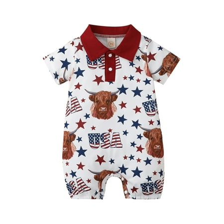 

Arvbitana 0M 3M 6M 12M 18M Infant Baby Girl Boy 4th of July Clothes Short Sleeve Cow Print Romper One Piece Bodysuit Summer Jumpsuit Independence Day
