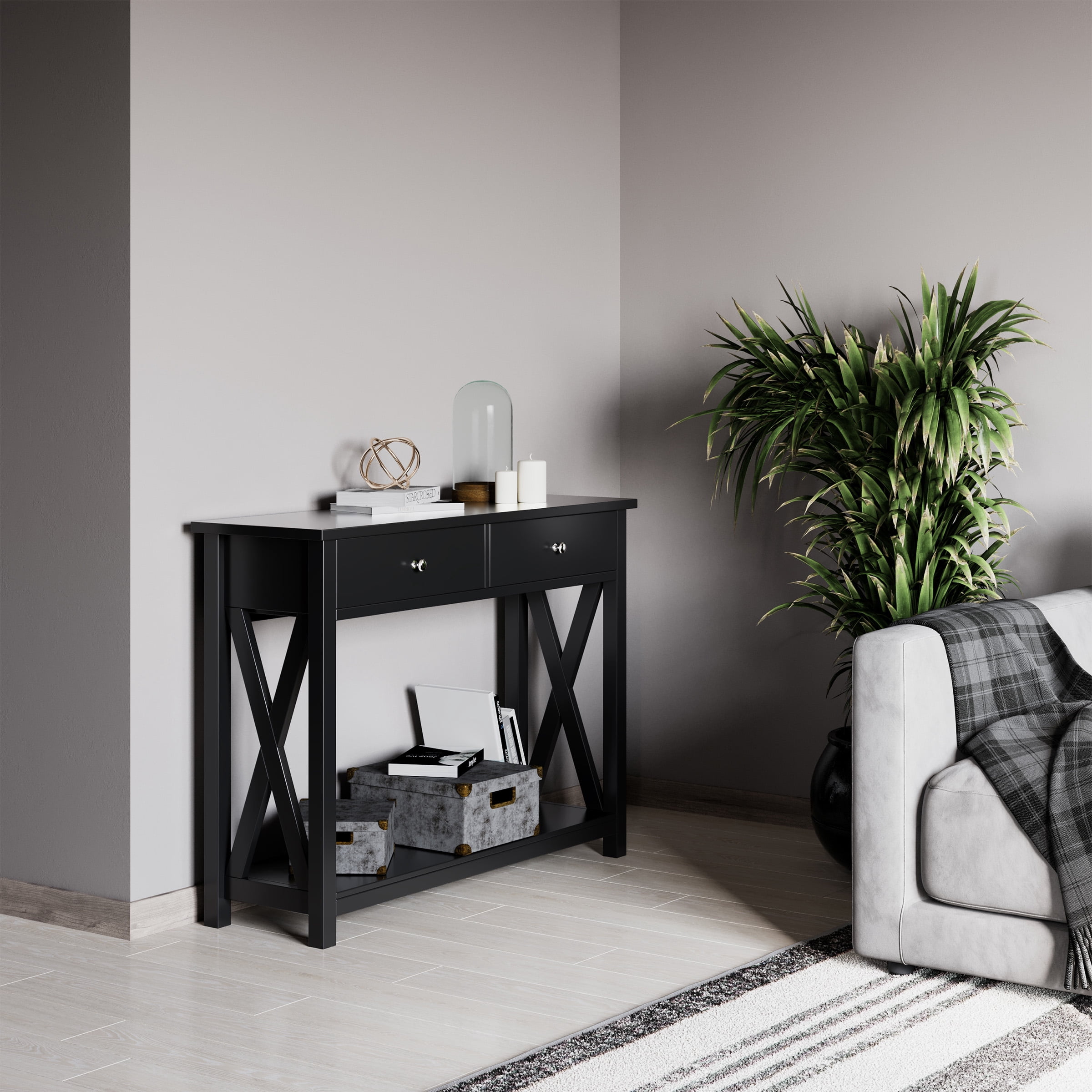 Lavish Home Console 2-Tier Entryway Table with Two Drawers, Storage Shelf, and X-Braced Legs, Black