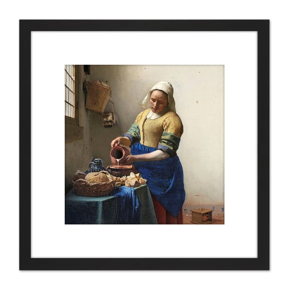 Vermeer The Milkmaid Woman Kitchen Painting 8X8 Inch Square Wooden Framed Wall Art Print Picture with Mount