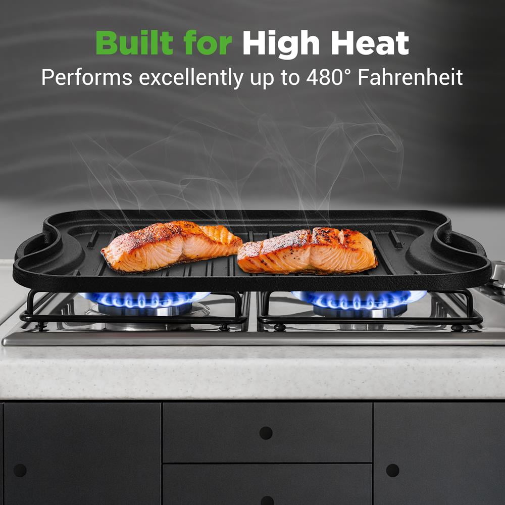 NutriChef Reversible Cast Iron Griddle Pan, Heavy-Duty Flat & Ribbed Grill Plate for Stove Top & Gas Grill, Includes Scraper Tool