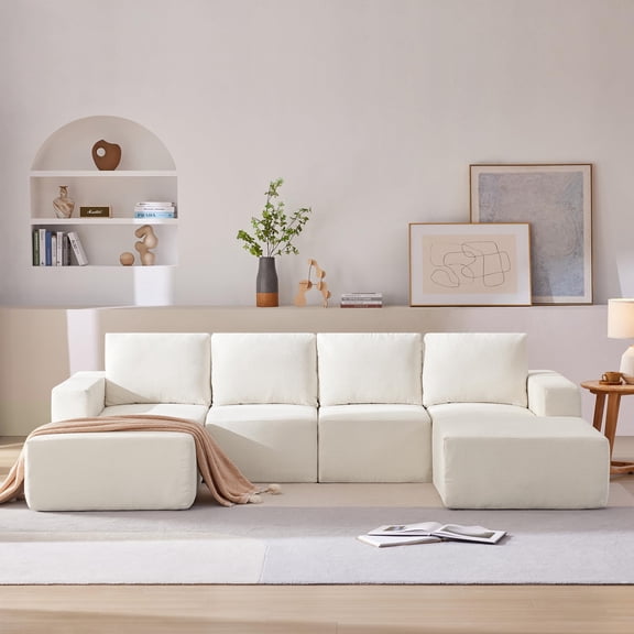 110”Oversized Sectional Sofa with Removable Ottomans, Cream 6 Seat U Shaped Sleeper Cloud Couch Set, Living Room Reversible Upholstered Sofabed for Apartment, No Assembly Required, White