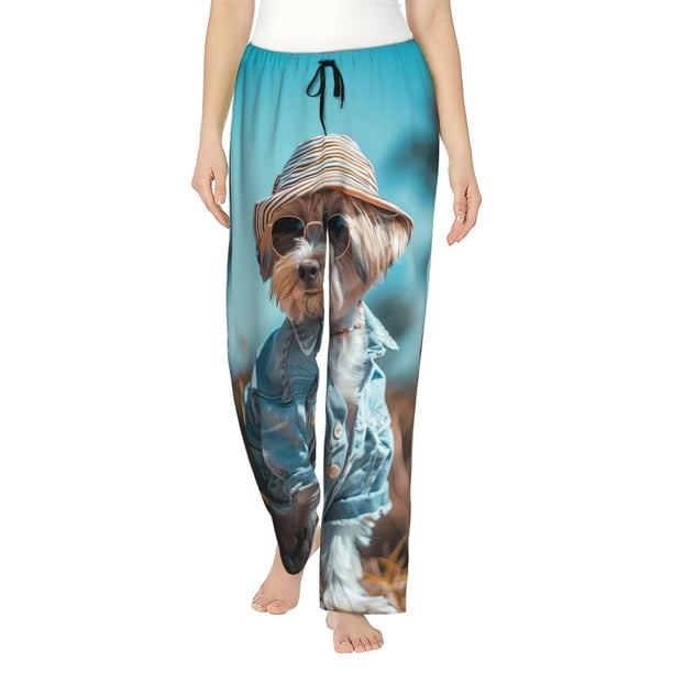 Fotbe Stylish Dog in Denim Outfit Pantalones de Pijama para Mujer, Pantalones de Dormir, Pantalones Pj con Cordón y Bolsillos-3X-Large
