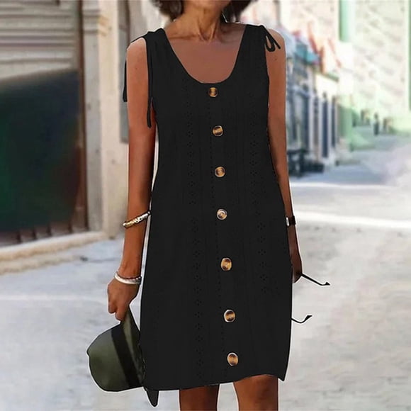 Meichang Sleeveless Button Down Dresses for Women Plus Size Solid Tie Shoulder Scoop Neck Eyelet Dresses Knee Length Work Dresses Elegant Midi Dresses Black XXL