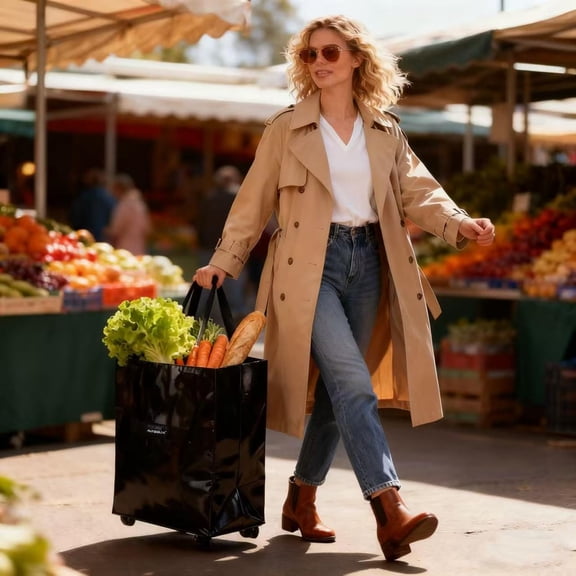 Reusable Grocery Bag on Wheels, Extended Handle Zipper Cover Foldable Rolling Tote, Large Shopping Trolley, Lightweight Storage Bag, Black