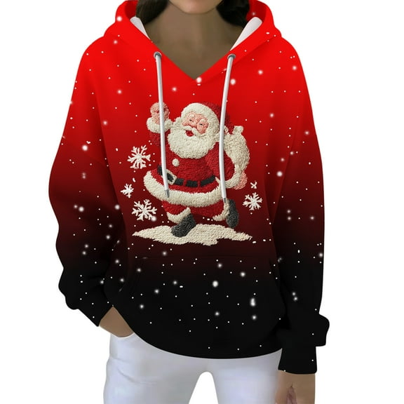 Christmas Hoodies For Women Funny Cute Printed Holiday Sweatshirt Winter Oversized Pullover Tops with Drawstring for Casual Wear
