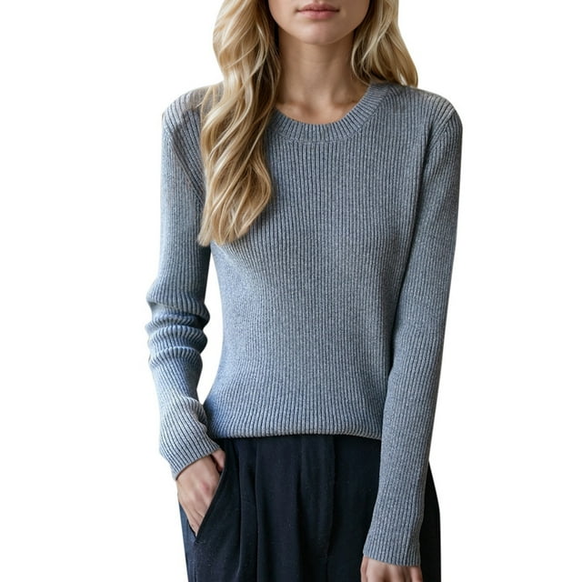 Lixiuxyad Women's Wool Sweater 2024 Fall Winter Crew Neck Long Sleeve Warm Soft Ribbed Knit Pullover Sweater Gray