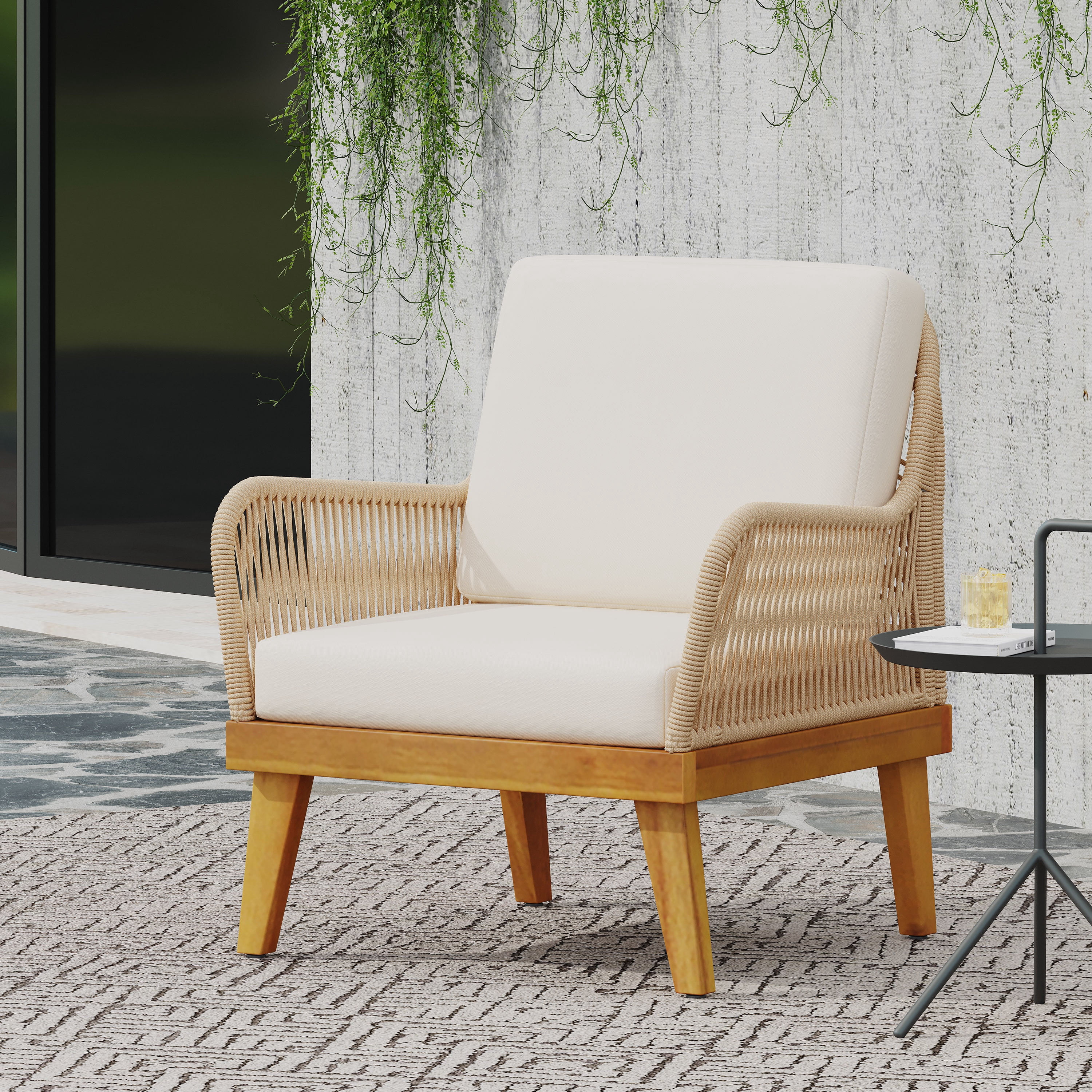 Outdoor Single Leisure Chair, Acacia Wood and Rope Weave Integrated Design for Patio Garden, Teak and Beige