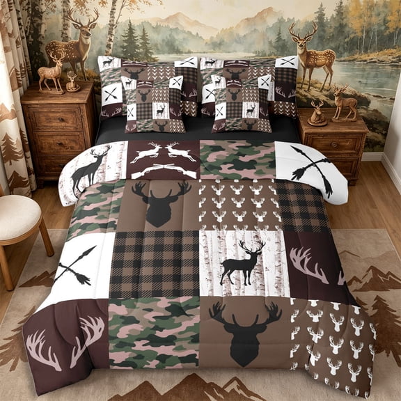 Castle Fairy Rustic Deer Hunting 7-Piece Twin Bedding,Vintage Checkered Camo Bedding Comforter Set,Gray Black White,Black Reversible