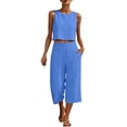 thumbnail image 3 of CYYOLLPF Linen Sets for Women gauze set Gauze Loungewear Sets Boho Peasant Shirt Matching Lounge Capri Pants Summer Pants Set linen pants set beach vacation outfits for women Blue M, 3 of 9
