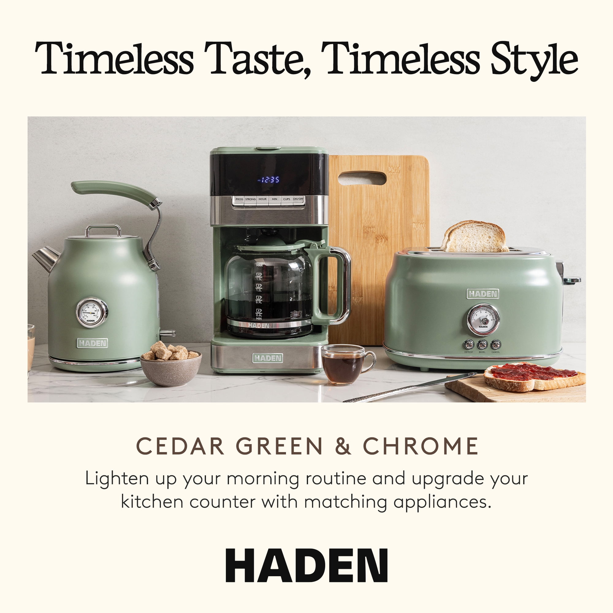 Haden Programmable Drip Coffee Maker, 12 Cup Cafe Machine, Green/Chrome