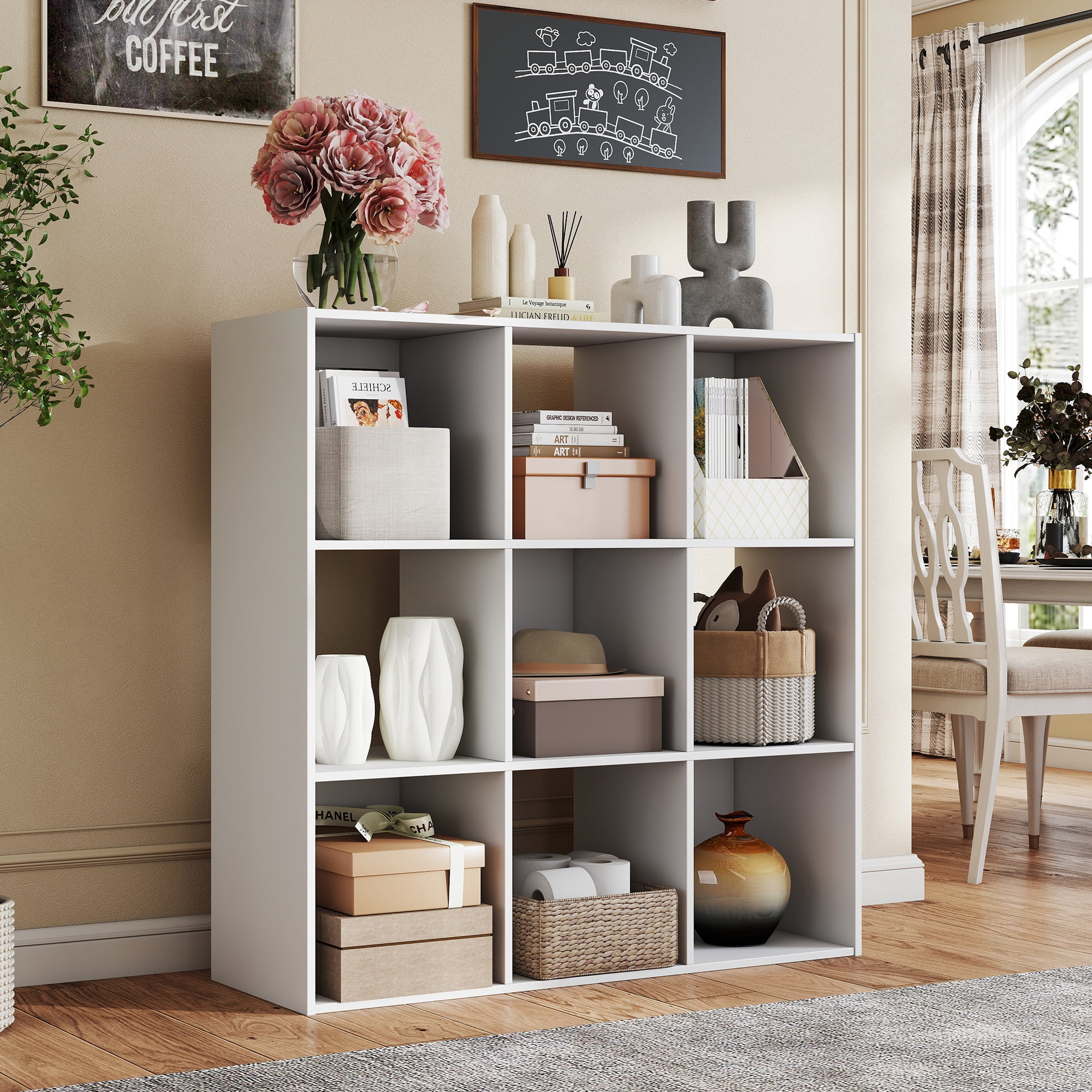 MCQ 9 Cube Storage Organizer, Open Bookshelf with 3 Removable Back Panels for Living Room, Bedroom, Home Office，36"L x 11.6"W x 36"H, White