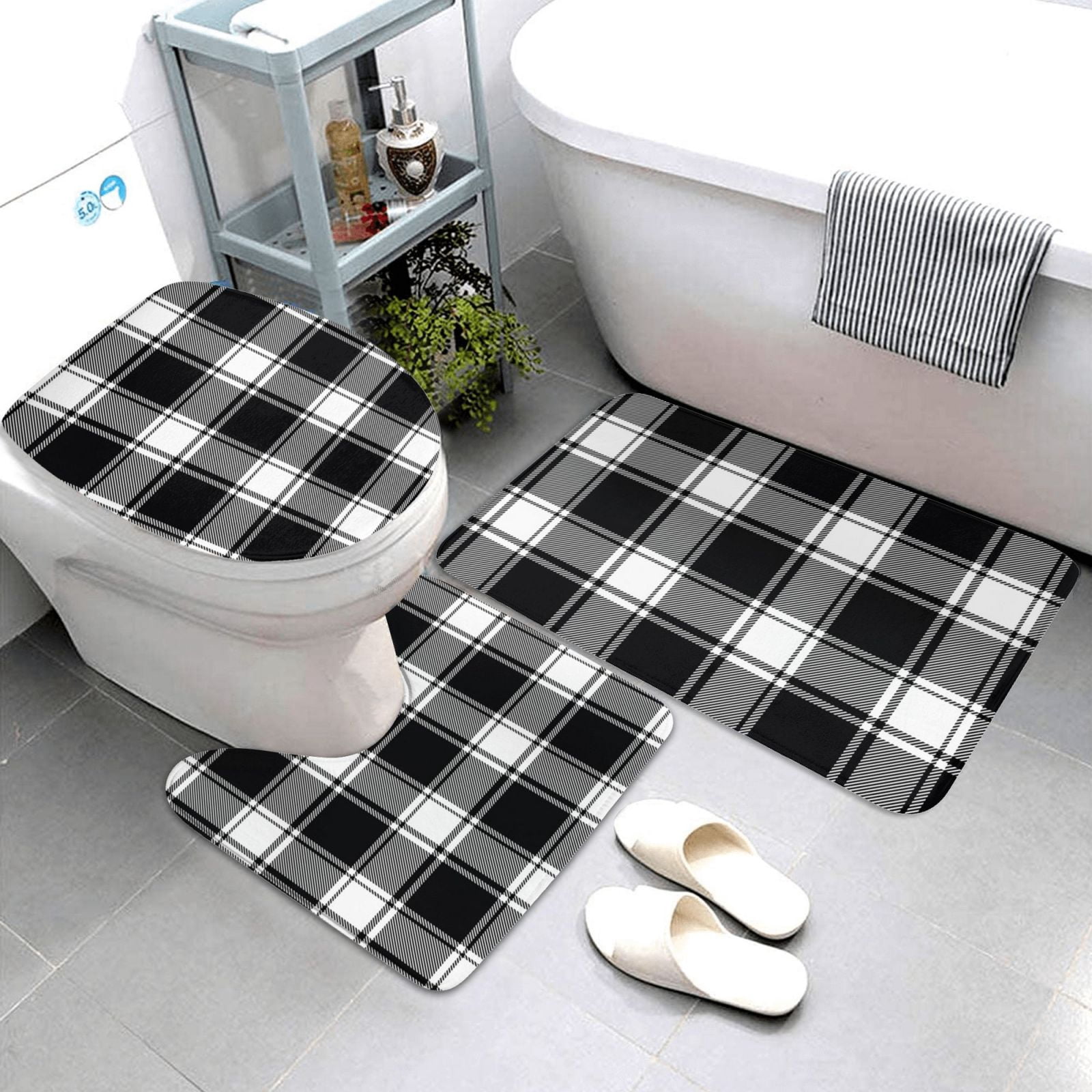 Bathroom Rugs Sets 3 Piece - Buffalo check plaid white black Absorbent Non Slip Bath Mats, U-Shape Toilet Lid Cover, Contour Mat, Soft Washable Shower Mats Bath Rug Mat for Bathroom Tub Toilet