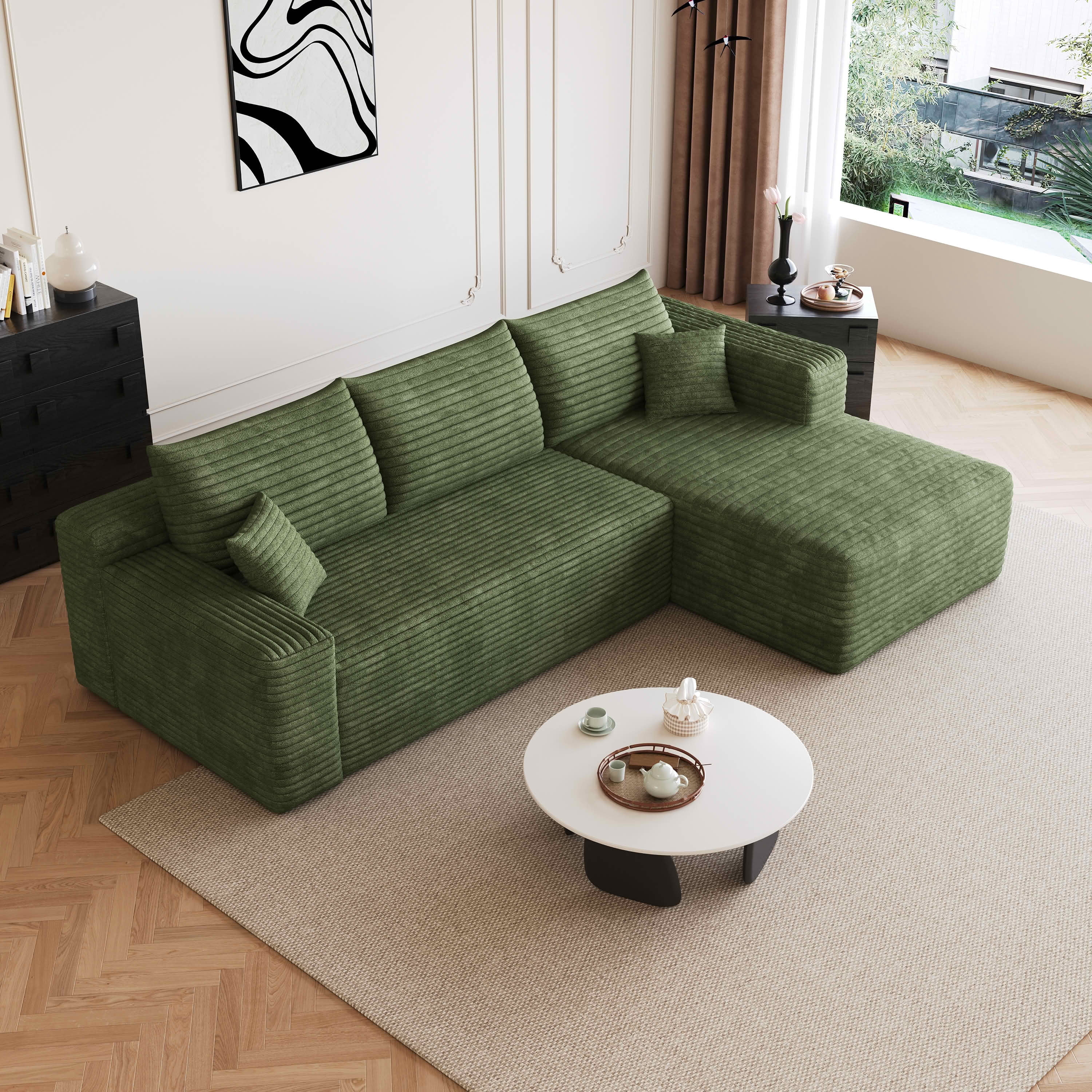 MAYEERTY 95" Cloud Sectional Sofa, U-Shaped Corduroy Upholstered Deep Seat Couch, No Assembly for Living Room, Green