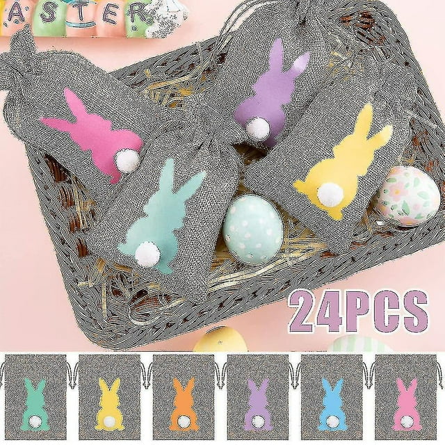 24 Pcs Easter Bunny Drawstring Linen Pouch Bags Easter Egg Hunts Candy Treat Gift Rabbit Storage Bags Kids Easter Party Favor